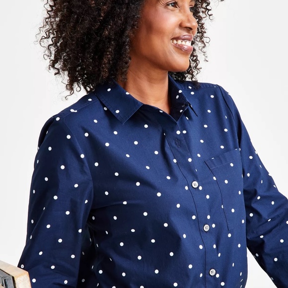 STYLE & CO MACY'S Navy Blue Polka Dot Printed Cotton Button Front Shirt Small - Picture 3 of 3